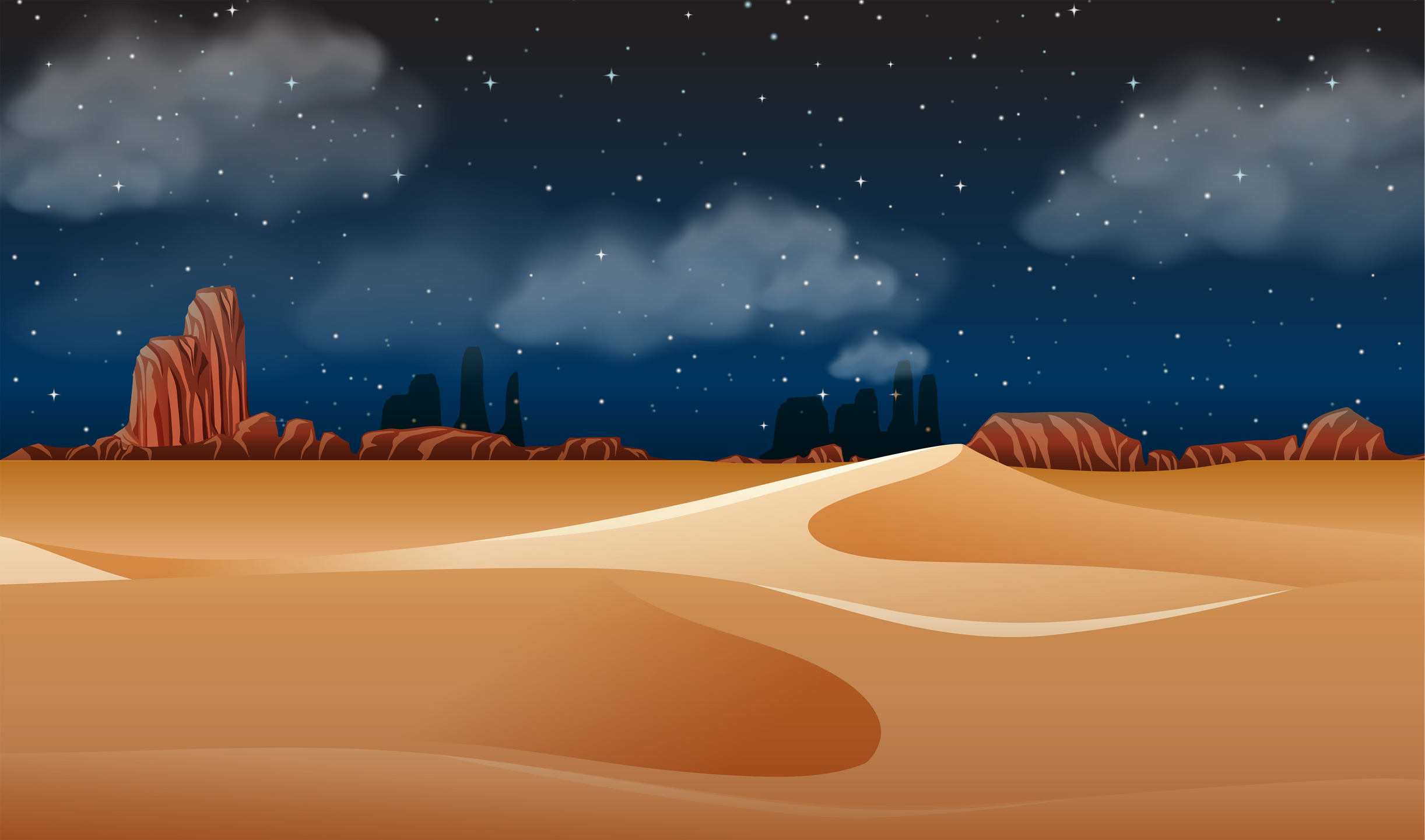 A desert landscape at night