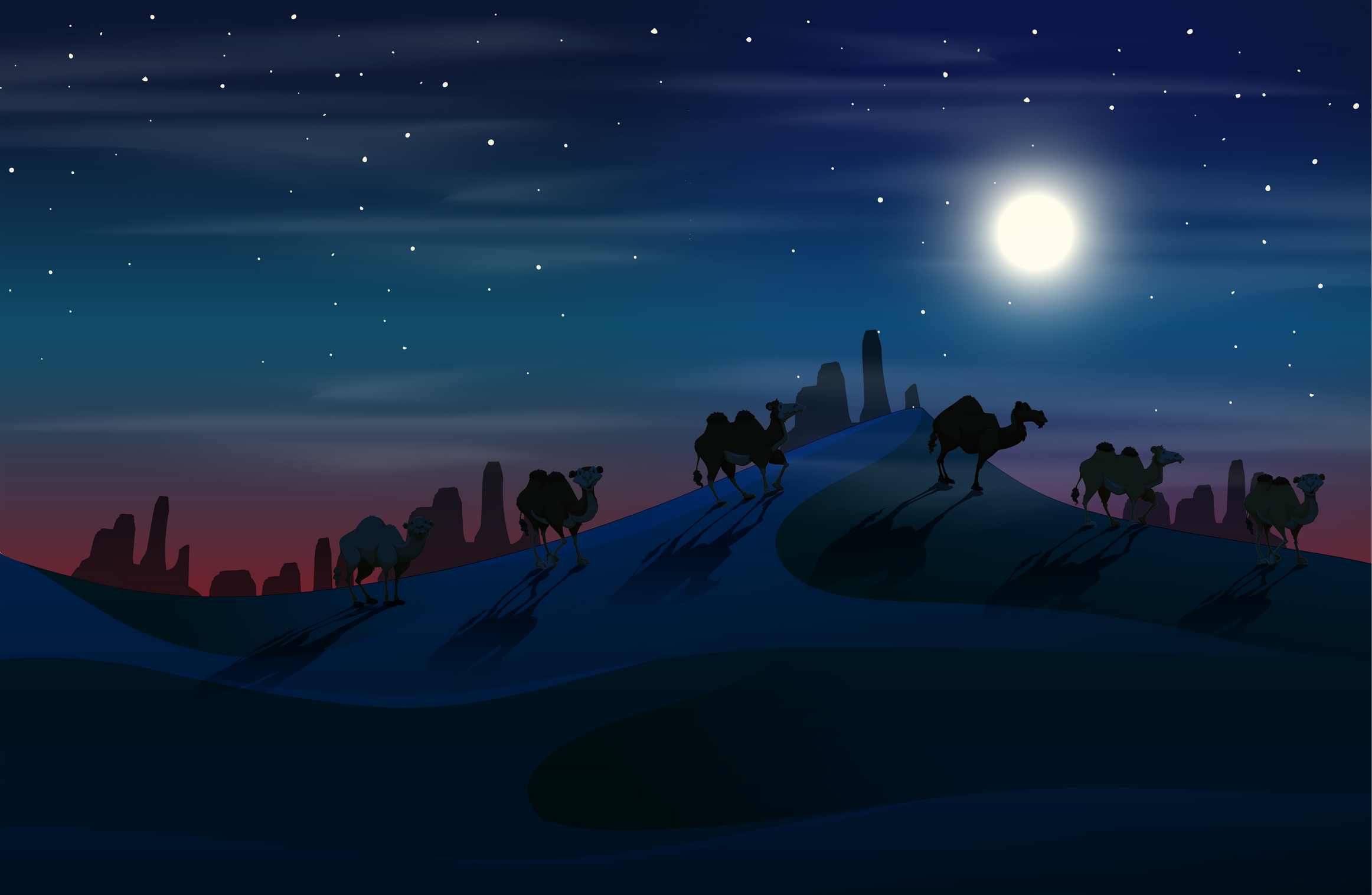 Camel in desert at night